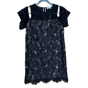LOFT Petites 8P Black Lace Cold Shoulder Dress Scallop Hem Lined Cocktail NWT